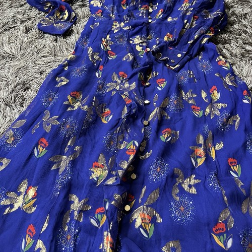 Sezane Midikleid Seide Blumen Knopfleiste Langarm Blau Metallic Damen 36 - Bild 11 von 24