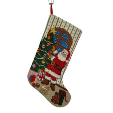 VTG Handmade Needlepoint Christmas Stocking 18" Santa Tree Presents Wool Velvet