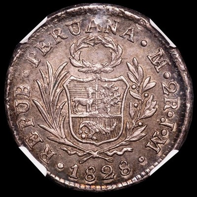 REPUBLICA PERÚ 2 Reales 1828 Lima (Perú) JM (Km141,1) NGC XF45