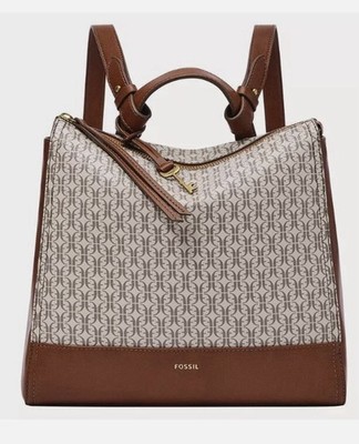 NWT Fossil Elina Convertible Small Backpack Purse Bag Mono Taupe/Tan