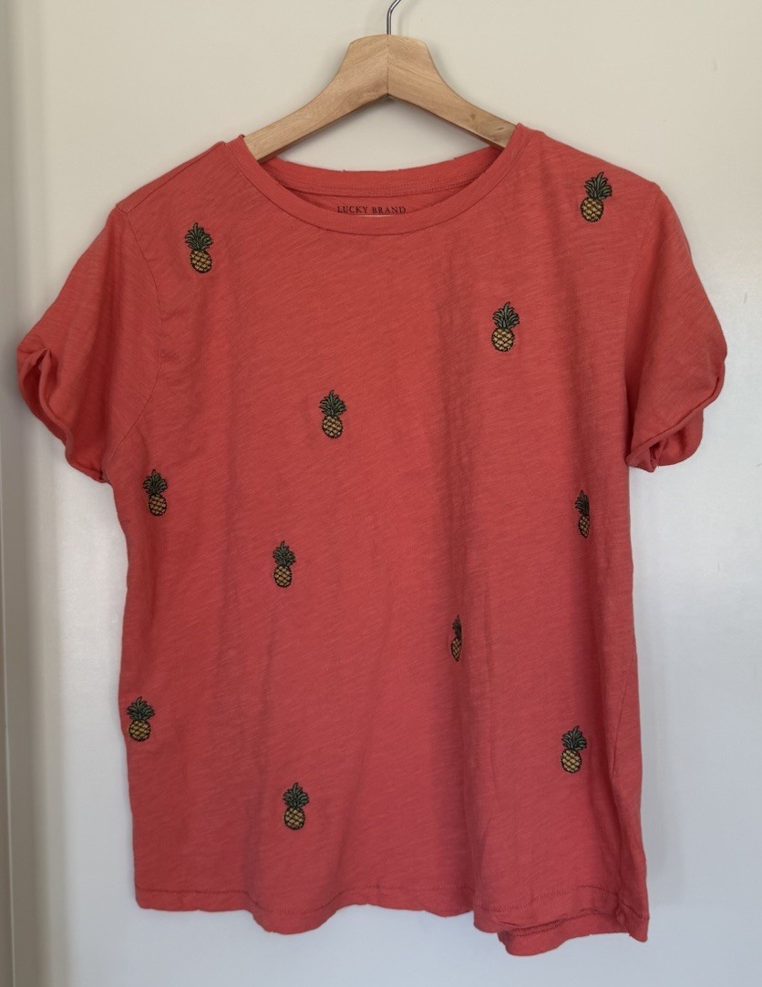 Woman Tropical Lucky Brand Large Pineapple Embroidered Top Vacation Beach Fruit