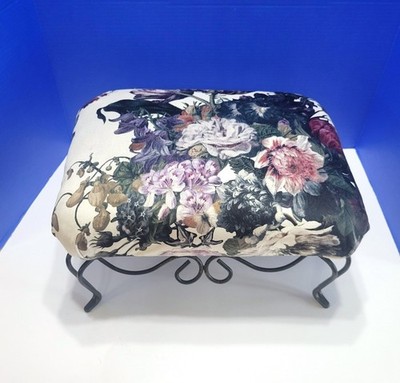 Vintage Black Wrought Iron Foot Stool with Purple Tulip Floral Upholstery