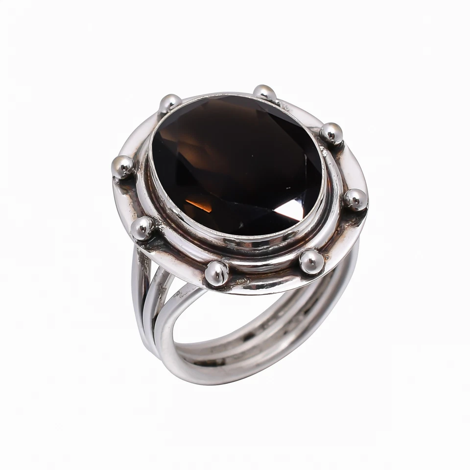Elegante anillo de plata de ley 925 maciza con piedras preciosas de cuarzo ahumado, joyería fina V4923 Foto 3 de 4