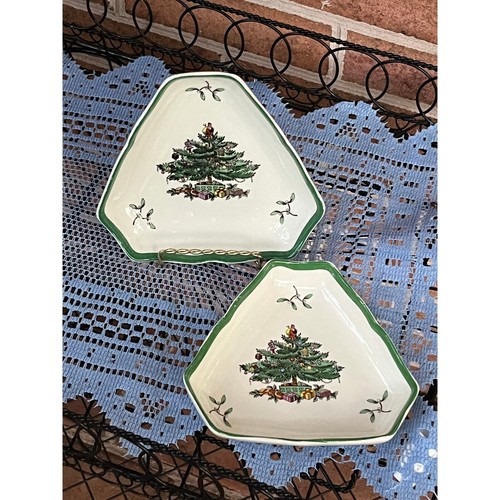 Pair of 2 Spode Christmas Tree Triangle Trinket Dish England - Picture 3 of 4