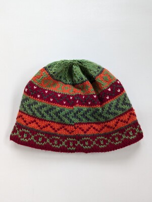Hand Knit Beanie Green And Red Fair Isle Striped Winter Hat  display picture 2