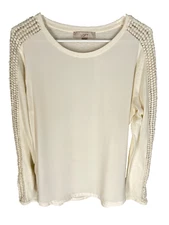 ANN TAYLOR LOFT Top Pullover L Ivory Sheer Sleeve Panel Front Modest Preppy