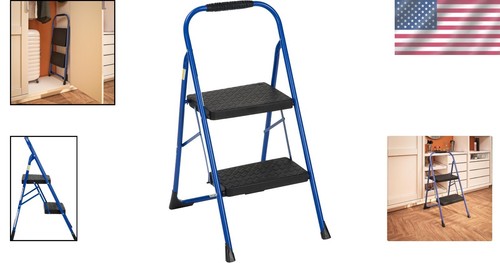 2-Step Steel Step Stool with Rubber Grip - Lightweight & Foldable Blue Design - Picture 2 of 10