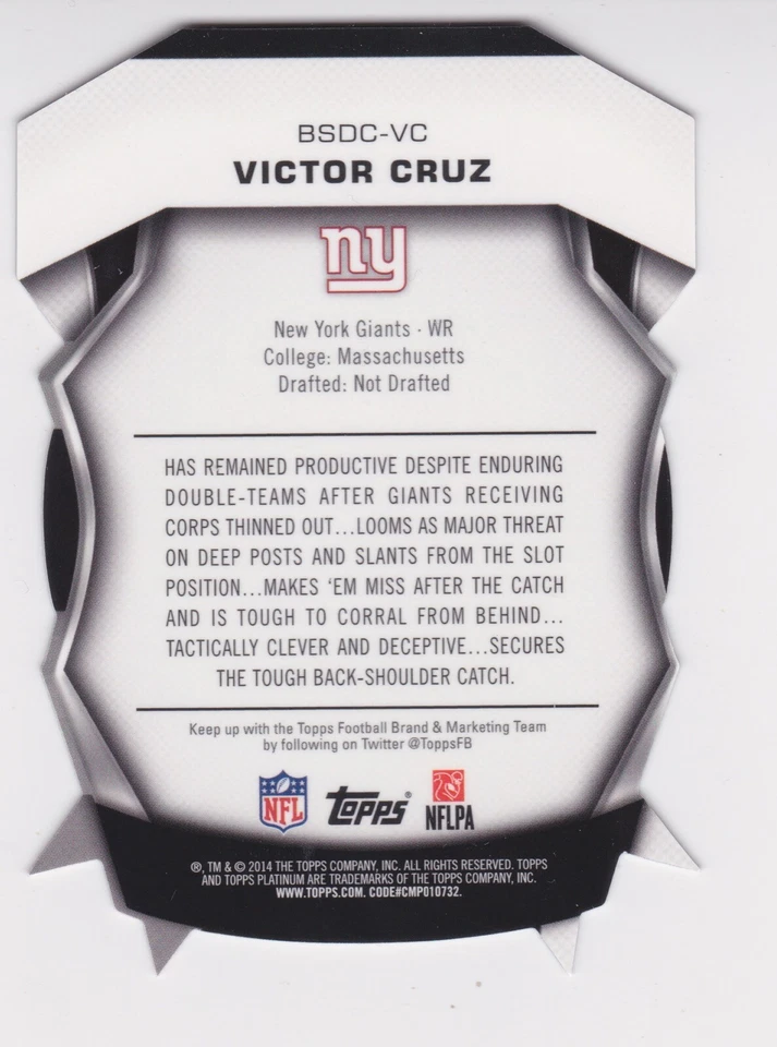 2014 Topps Platinum Pink Die Cut Refractor Victor Cruz BSDC-VC New York Giants - Image 2 of 2