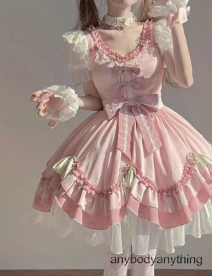 Womens Lolita Cute JSK Dress Bowknot Japanese Princess Mori Girls Sweet Costume