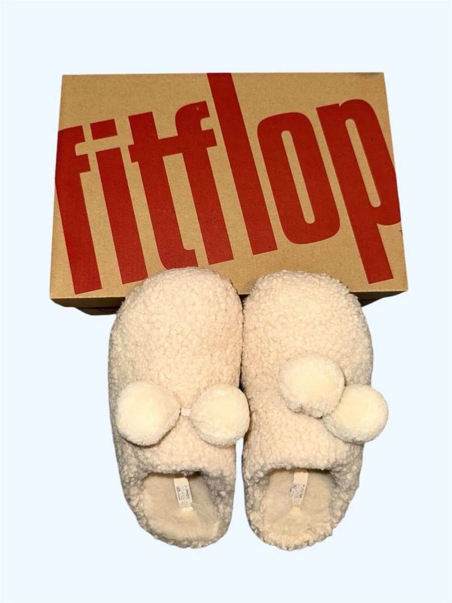 FitFlop SHUV Women's Ivory Pom-Pom Shearling Clog Slippers UK Size
