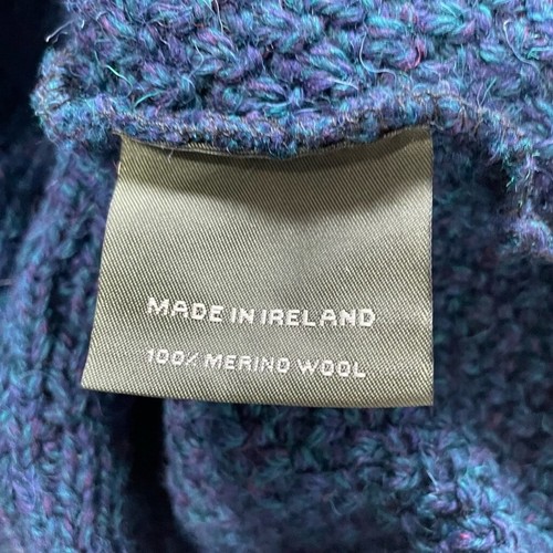 Maglione Aran Market Made in Ireland maglione collo bottoni lana merino blu navy cavo - Foto 4 di 10