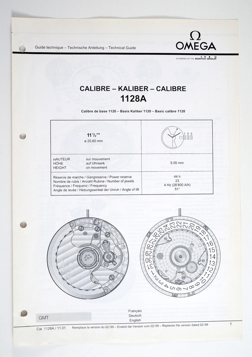 Omega Seamaster Watch caliber 1128A Technical manual ETA 2892 A2 base Calibre