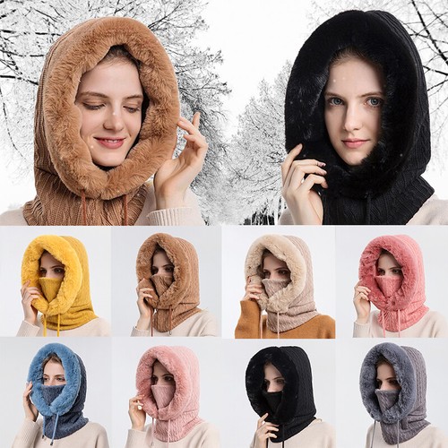 Winter Knitted Balaclava Hood Slouchy Fleece Beanie Hats Warm Ski Mask Scarf Set