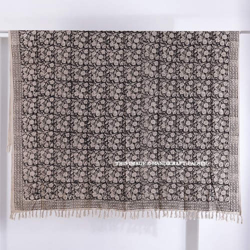 Hand Blockdruck Überwurf Baumwolle King Size Decke Schwarz & Beige Blumen Sofaüberwurf - Bild 5 von 13
