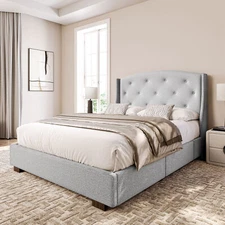Queen/ King Bed Frame with Headboard 4 Drawers (White/ Gray)