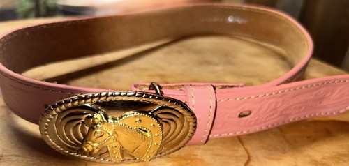 Nocona Belt Co. Tooled Leather Belt Pink Cowgirl Horse Buckle Genuine Leather
