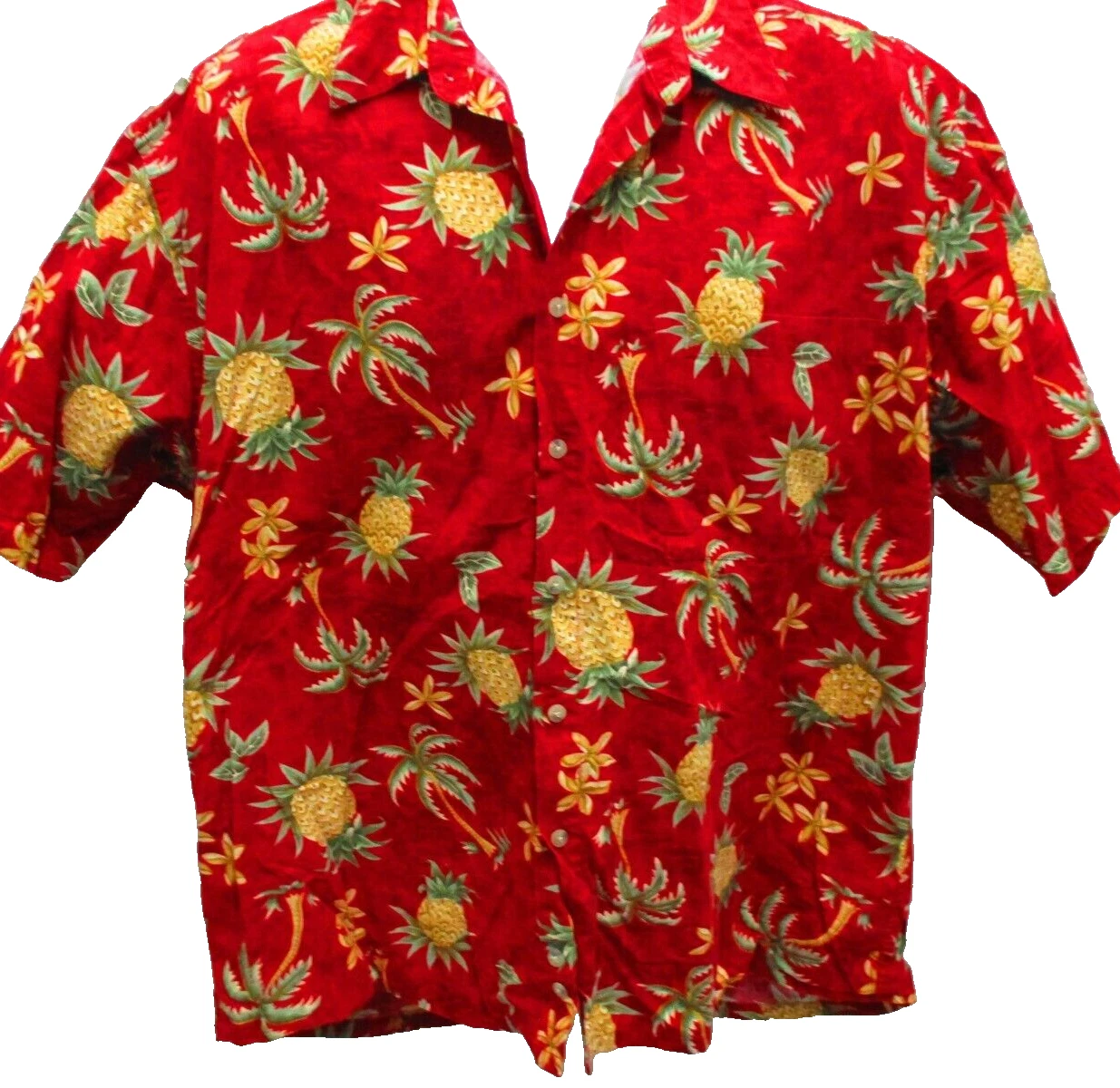Pierre Cardin Hawaiian Shirt, S/S, Large, Red w/Palms & Pineapples