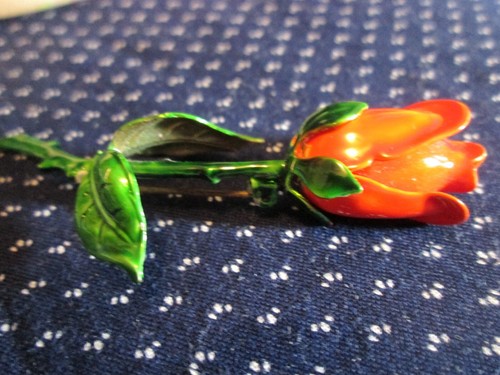 Vintage Long Stem Red Rose Enamel Brooch Pin 3" Long Fashion Jewelry - Picture 4 of 11