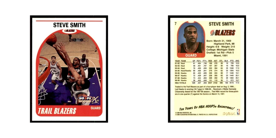 1999 Hoops Decade Steve Smith Blazers #7 - Image 3 of 3