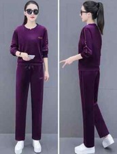Completo Donna Maglia Felpa Pantaloni Casual Viola Velluto Comodi 49833