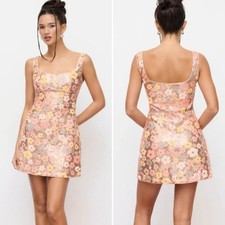 CIDER Sequin Scoop Neckline Floral Split Mini Dress in Champagne Size Medium