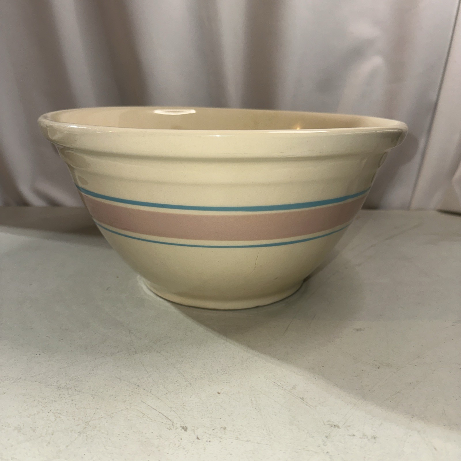 Vintage McCoy Pottery Large 12” Oven Ware Mixing Bowl Pink Blue Stripe Ovenware