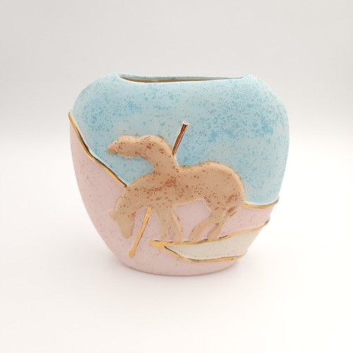Southwestern Style Keramik Vase Indianer Reitpferd blau rosa Goldrand