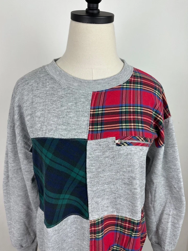 Sudadera De Colección Años 90 Gris Jaspeado Para Mujer Mediana Tartán Cuadros Patchwork Preppy Foto 2 de 4