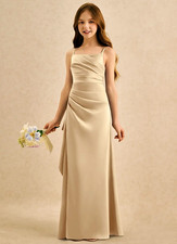 Azazie Beige Satin Ruched Sleeveless Long Gown Dress S Square Neck Side Slit