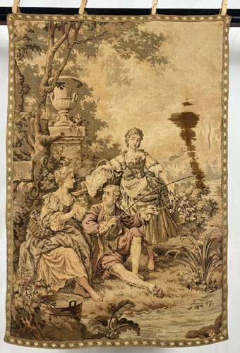 Vintage French Beautiful Fishing Garden Scene Wall Hanging Tapestry 98x67 cm