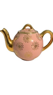 Hall China Pink New York Rare Gold 2 Cup Label Flower Daisies Teapot c1950s USA