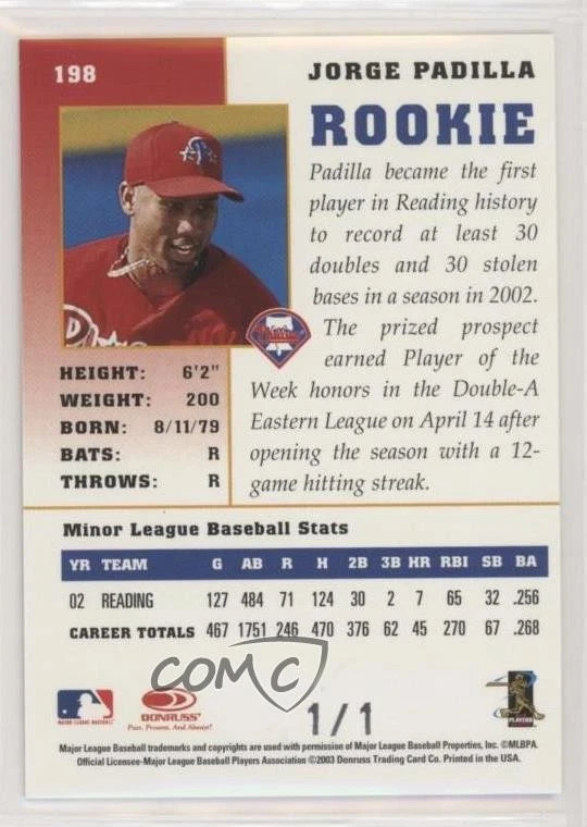 2003 Donruss Champions 1/1 Jorge Padilla #198 1f1 - Image 2 of 3