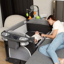 Zdolmy Baby Bedside Sleeper Bassinet, 4-in-1 Pack and Play with Bassinet w/Di...