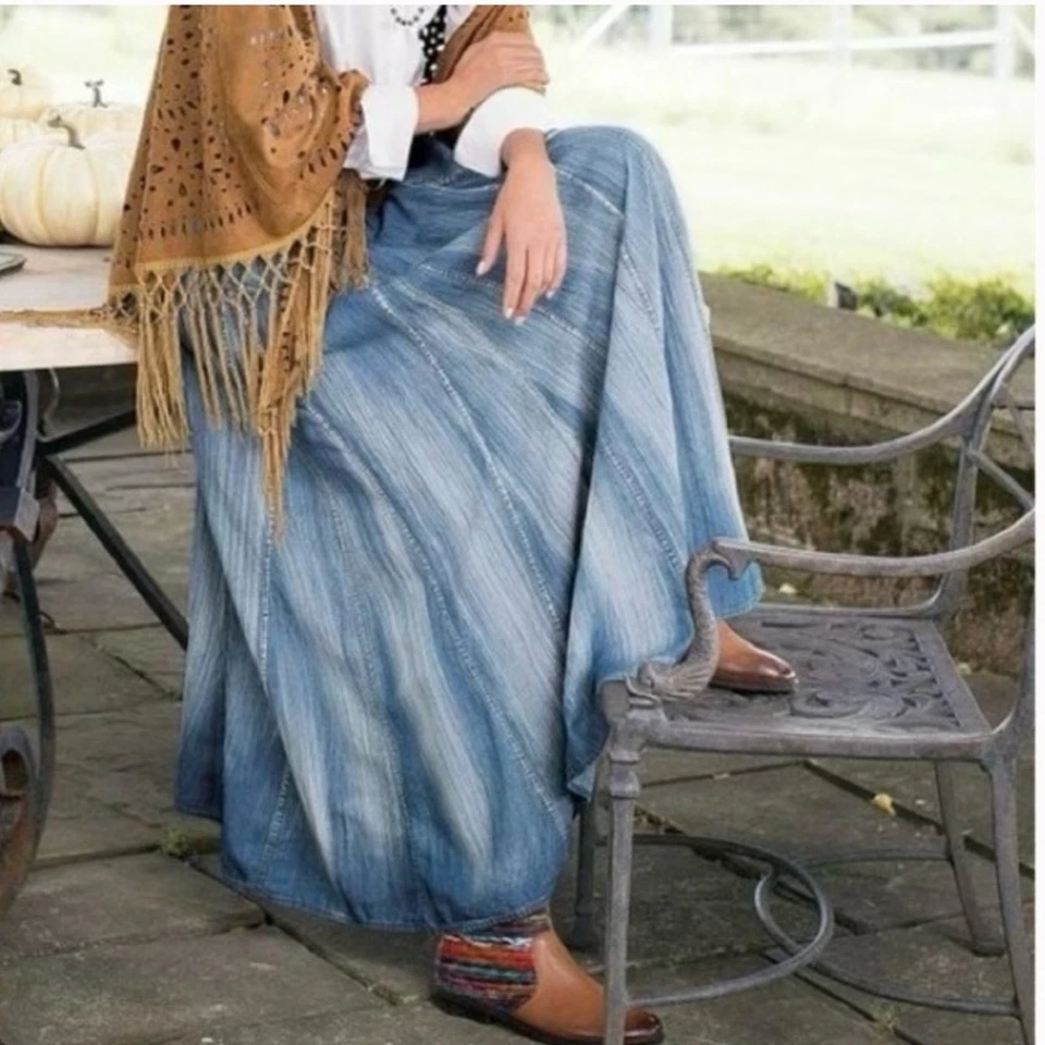 Falda midi Soft Surroundings Silverton arrugada cambray XL azul pequeño Foto 3 de 4