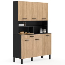 Buffet de cuisine 120 CM CINA 6 portes + tiroir noir et façon hêtre
