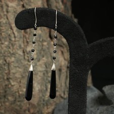 Natural Black Onyx Dangle Earrings 925 Sterling Silver Long Drop Beaded Hook