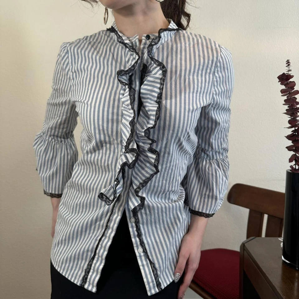 Karl Lagerfeld Ruffle Blouse Exrta Small White Blue Stripe Lace Bell Sleeves - Image 2 of 4