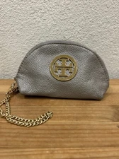 TORY BURCH Wristlet Coin Purse Pebbled Gray Leather Small