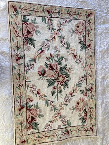 VTG Wool Artisan 36”x 24” Rug Chain Stitch Embroidery Floral India Rich Colors