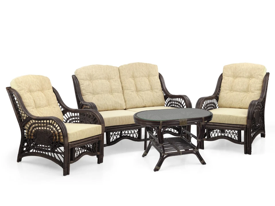 Juego de 2 sillas de ratán Malibu mesa de centro sofá marrón oscuro crema cojín Foto 2 de 4