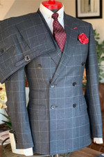 Men Gray Plaid Double Breasted Peak Lapel Blazer Prom Groom Tuxedo Wedding Suit