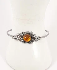 Cabochon Amber Floral Vine Sterling Silver Bangle Bracelet Designer Signed BOMA