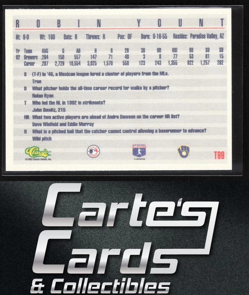 Robin Yount 1993 Classic Travel Blue #T99 Milwaukee Brewers Hall of Fame - Image 2 of 2