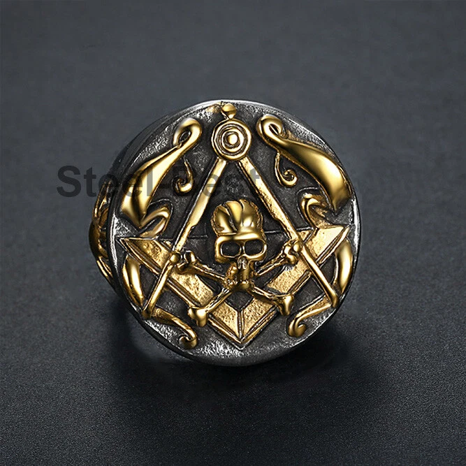 Big Heavy Men's Masonic Skull Ring Stainless Steel Gothic Skull Ring Silver Gold - Image 2 of 4