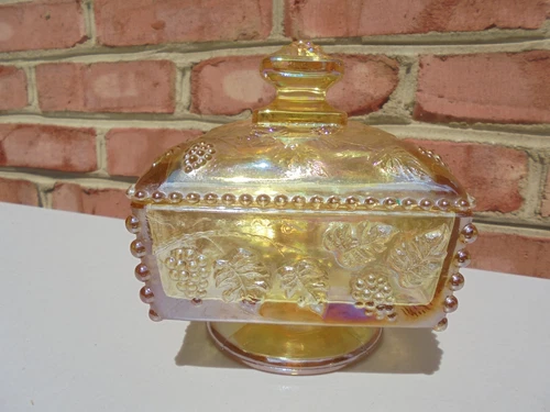 Vintage Westmoreland Beaded Grape Yellow Carnival Iridescent Glass Candy Box