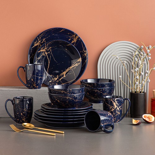 LOVECASA 16-Pieces Dark Blue/Black/White Porcelain Dinnerware Set Plate Bowl Mug - Picture 43 of 43