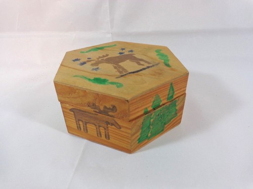 Wood Trinket Box Brown Moose Green Pine Trees 4.5" Hexagon Shape - Picture 5 of 8