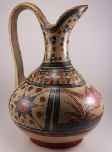 Vintage Mexican Tonala Folk Art Pottery Large Pitcher Vase Bird Sun Home Decor - Picture 4 of 12