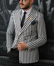 Men's White Black Striped Suit Peak Lapel Blazer Slim Fit Fashion Casual Jacket