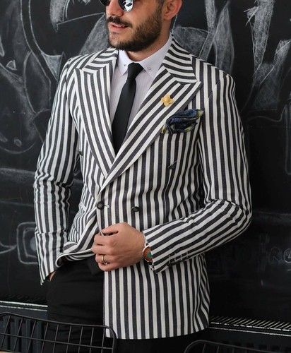 Black White Striped Men's Suit Coat Blazer Wedding Prom Party Slim Fit Custom - Picture 1 of 9